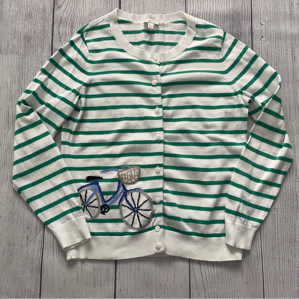 Talbots Green and White Striped Bicycle Cardigan Size Petite Small